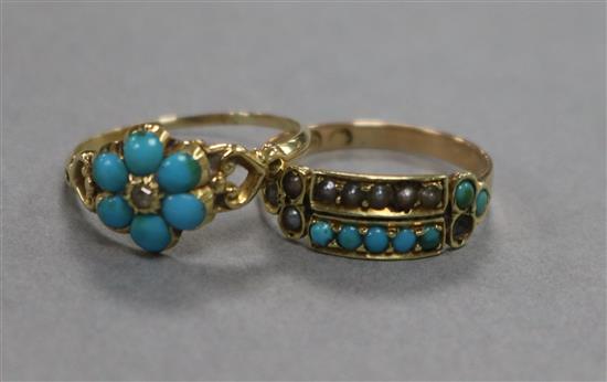 An early 20th century 15ct gold, turquoise and seed pearl ring and a yellow metal turquoise and diamond ring.